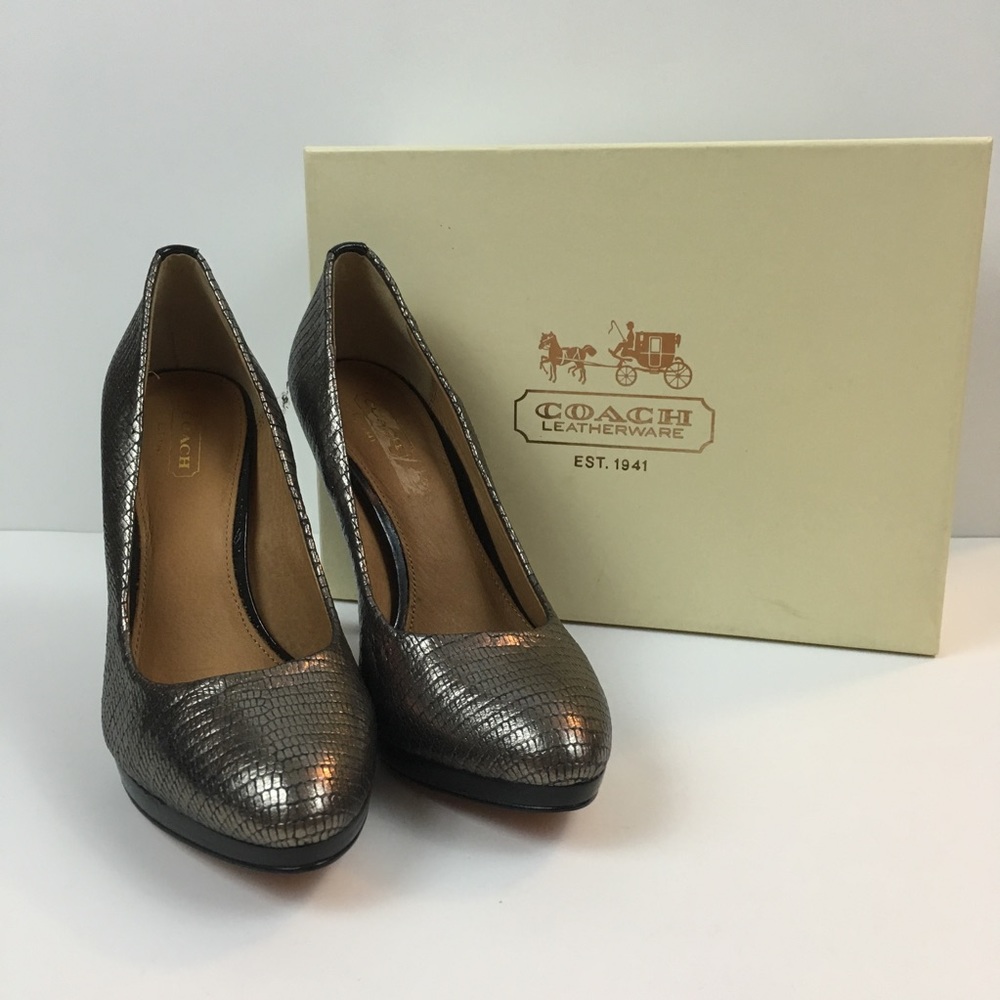 NWOT Coach Silver Gun Metal Print Stiletto Heels
